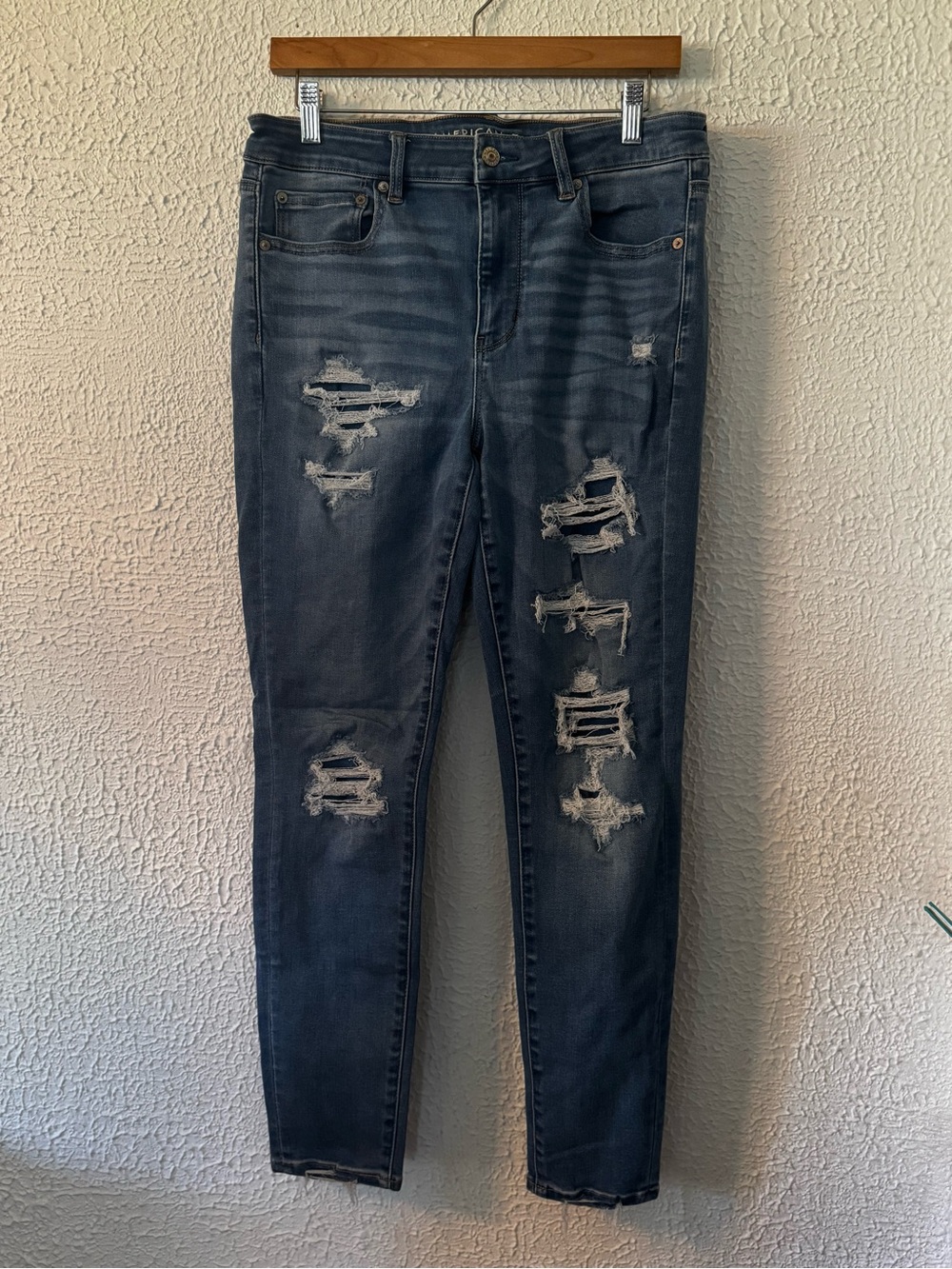 American Eagle Outfitters Dark Blue Distressed Hi-Rise Jegging Skinny Jeans